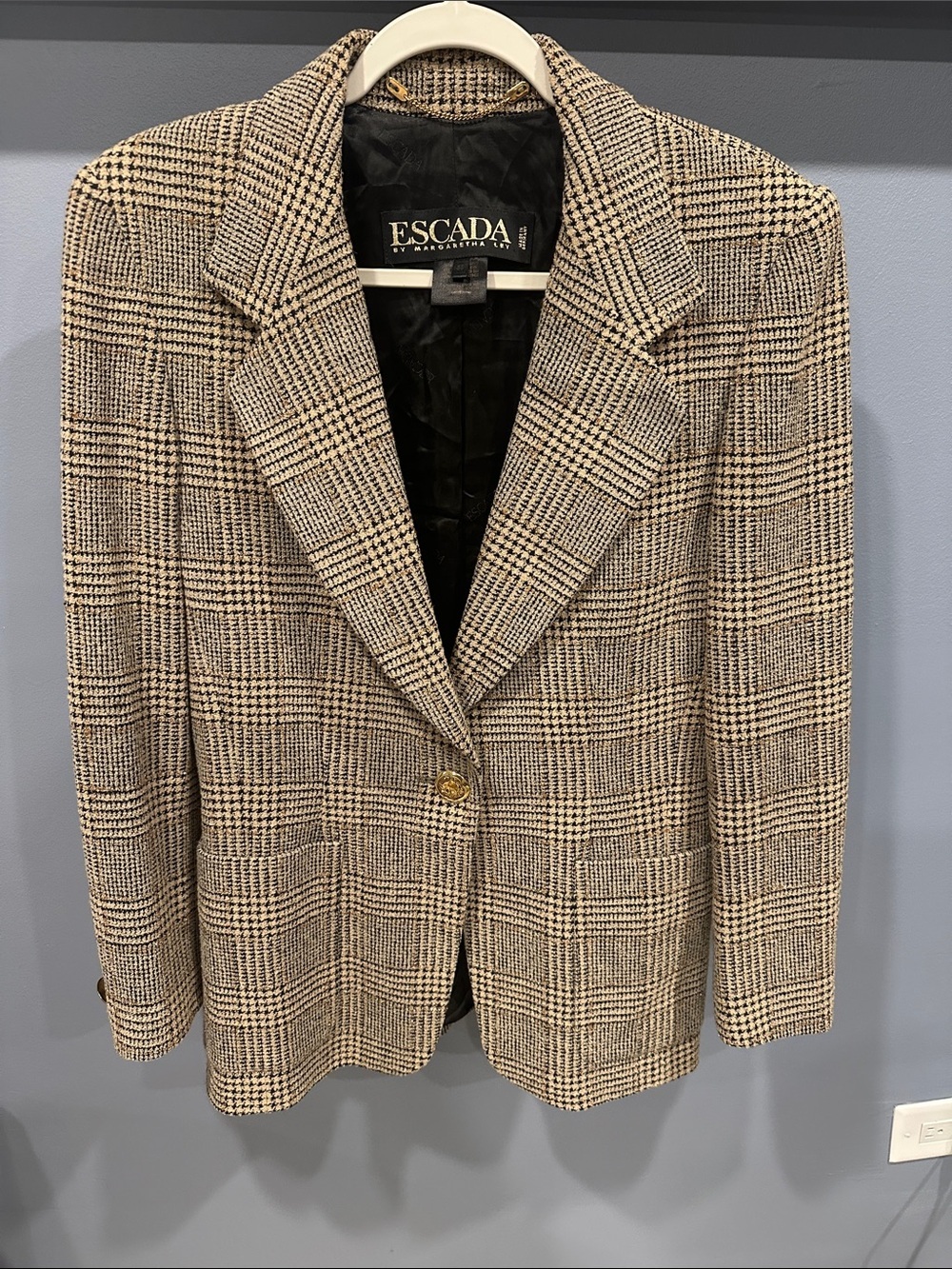 Escada Margaretha Ley Wool Blend Plaid Blazer 38 Ivory Brown Gold 8 Medium